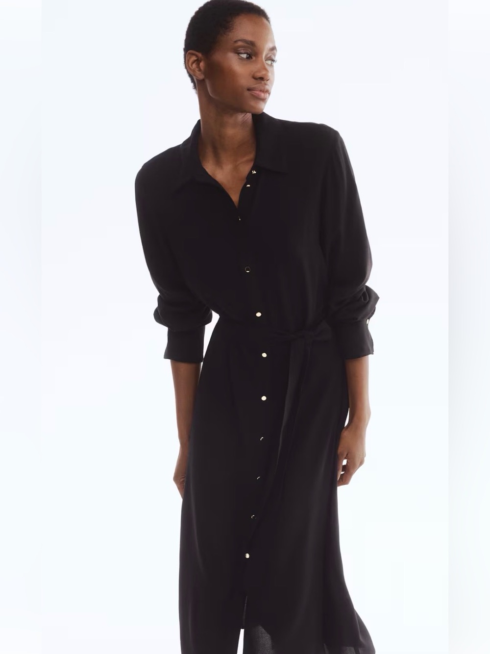 H&M Black Long-Sleeve Shirt Dress with Belted Buckle